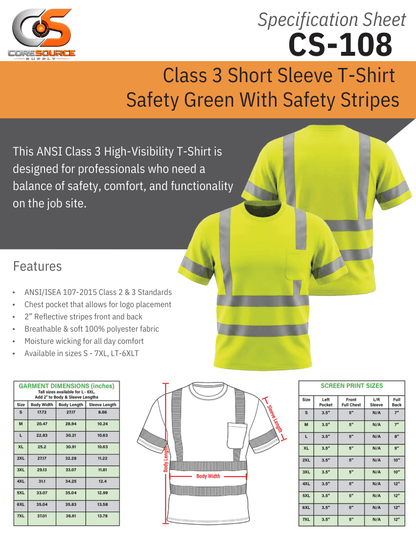 CS-108: ANSI Class 3 Short Sleeve T-Shirt Safety Green With Safety Stripes