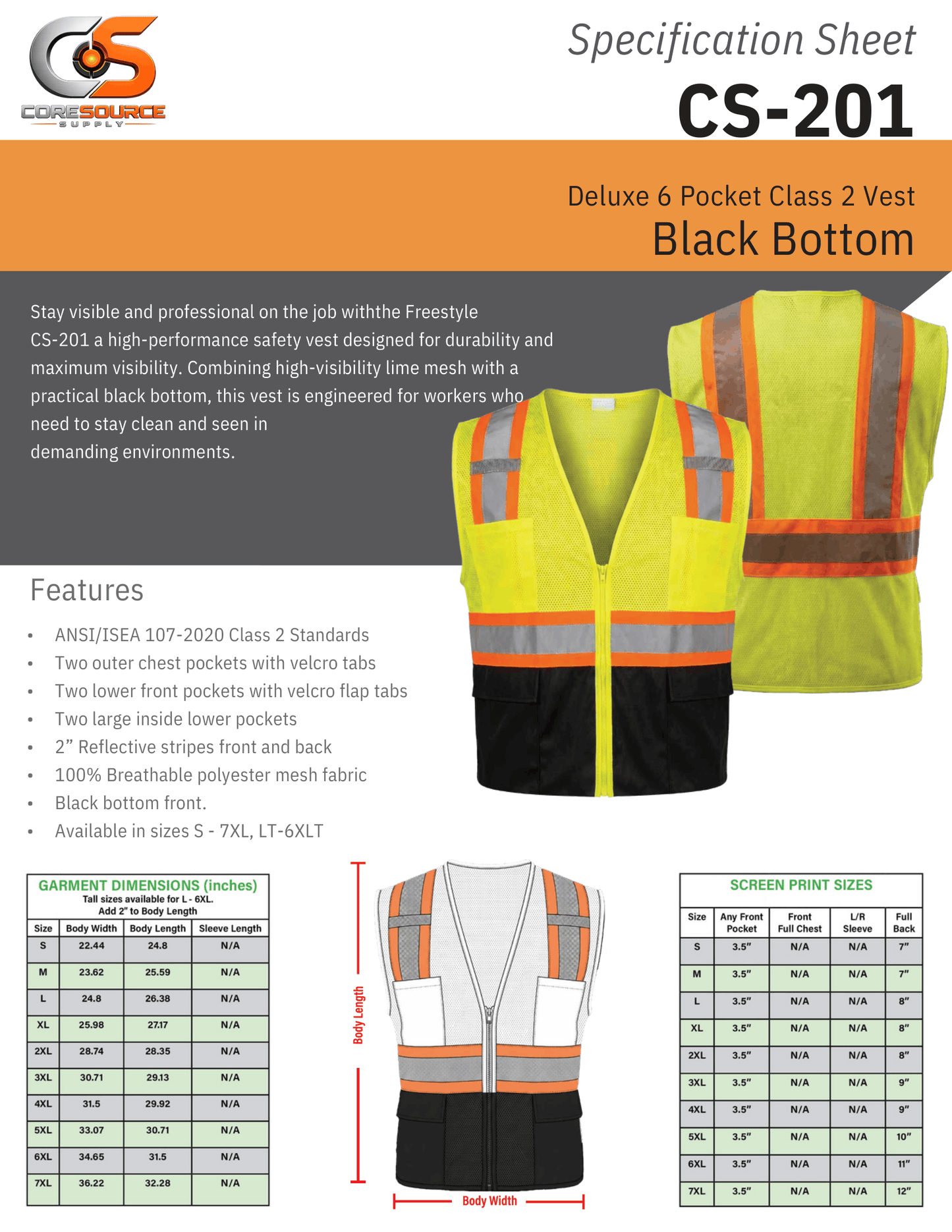 CS-201: ANSI Class 2 6-Pocket Vest Black Bottom