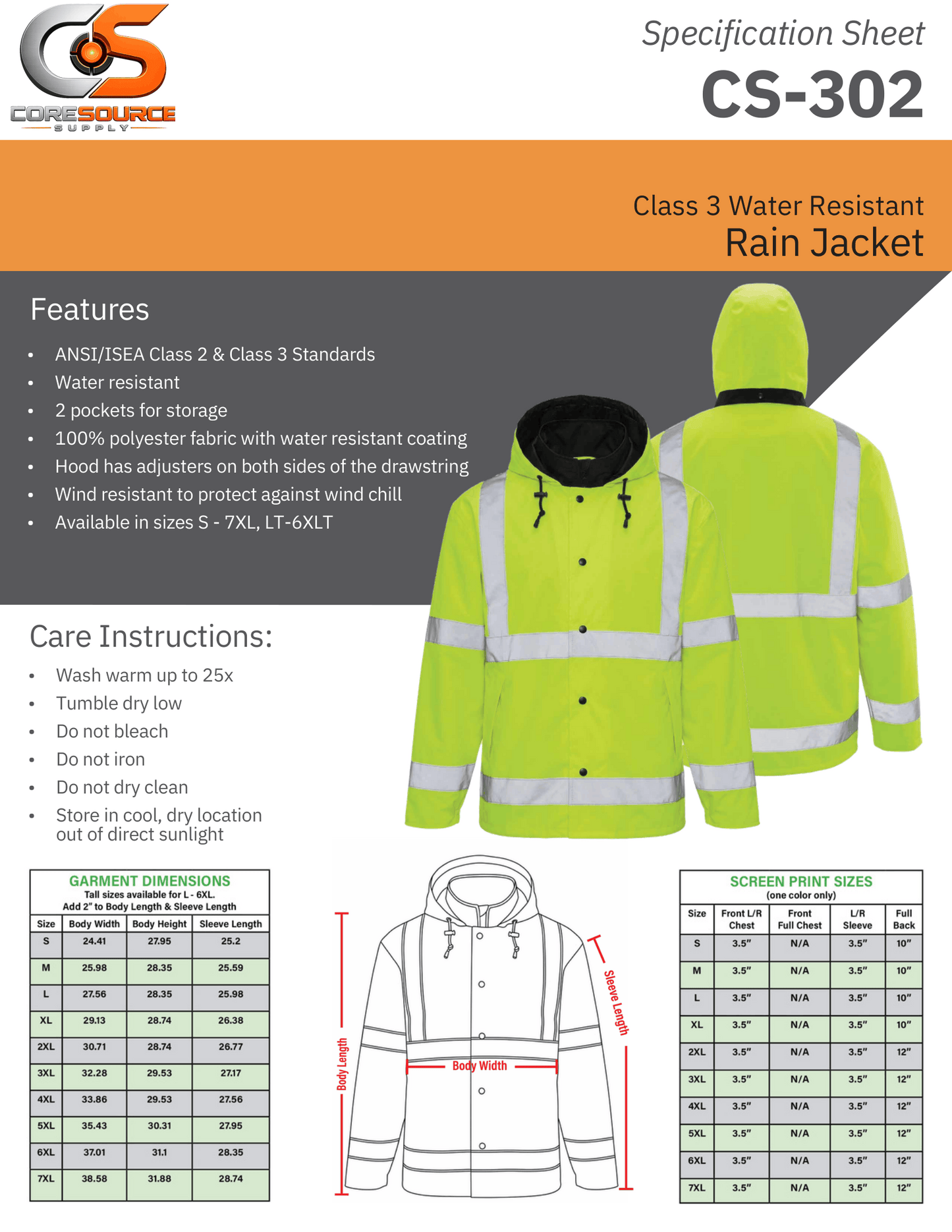 CS-302: ANSI Class 3 Water Resistant Rain Jacket